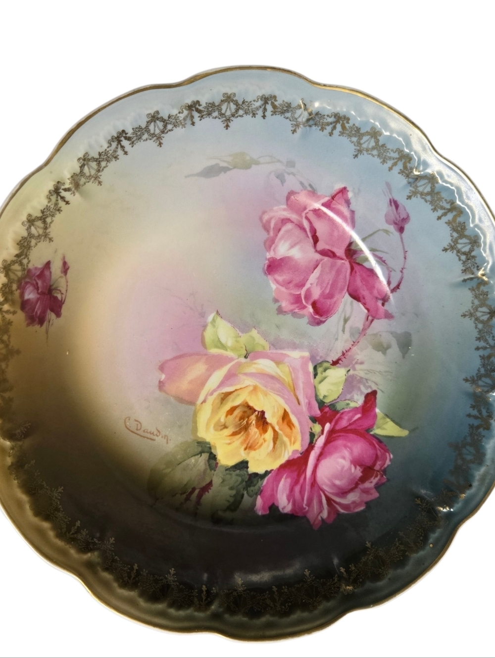 Antique Victorian handpainted cabbage rose bowl signed by artist C. Daudin